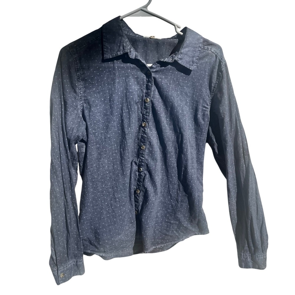 Maurices Women's Medium Blue Chambray Button-Up Shirt Long Sleeve Polka Dot
